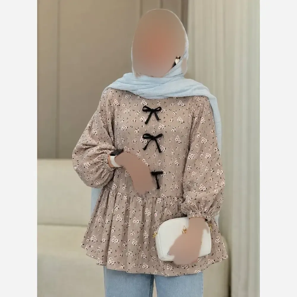 تونیک مانتویی نازگل جنس گل گچی پایین کلوش رنگ نسکافه ای فری سایز