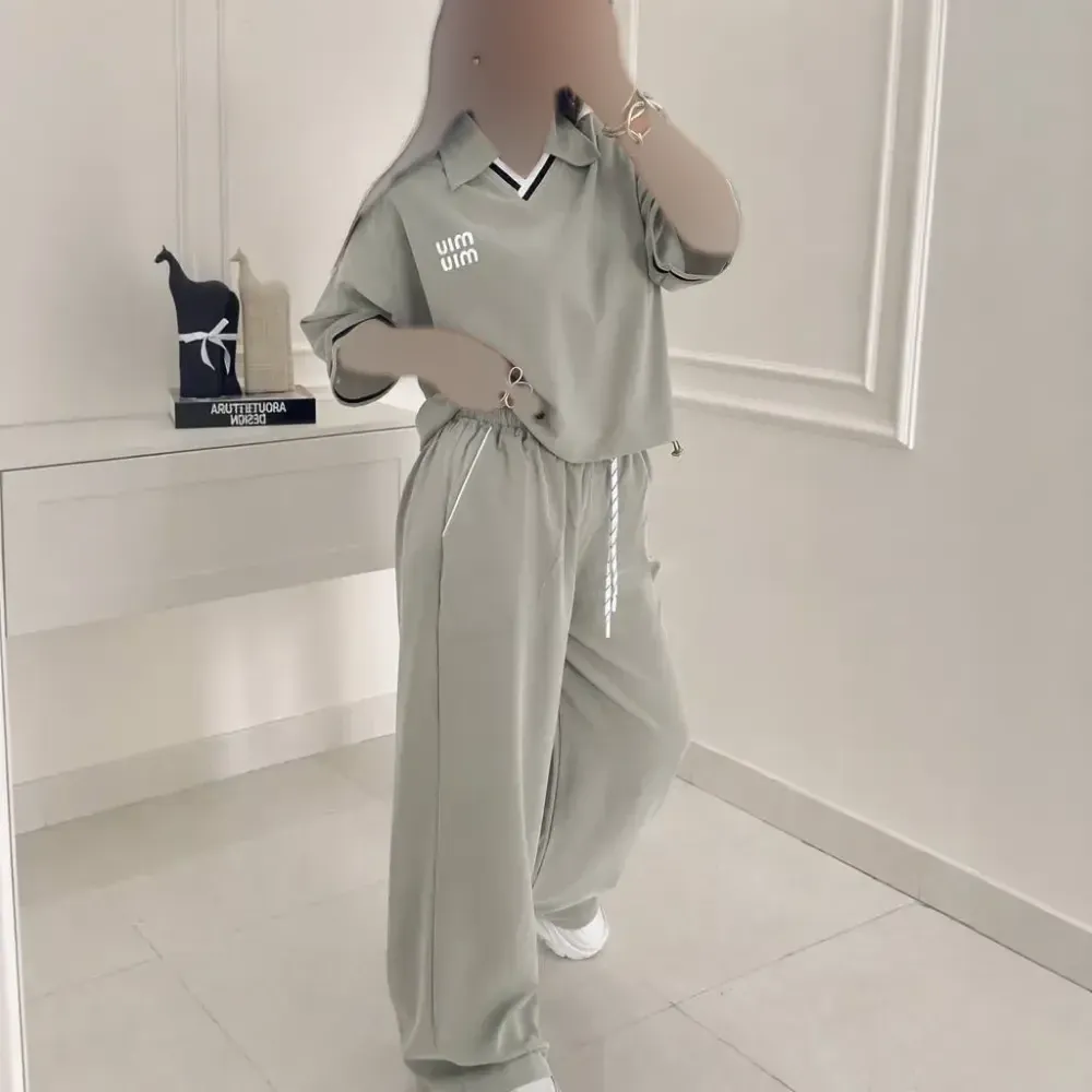 ست تیشرت شلوار نخ پنبه گلگسی سبزسدری فری سایز