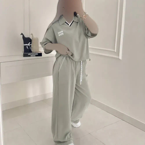 ست تیشرت شلوار نخ پنبه گلگسی سبزسدری فری سایز