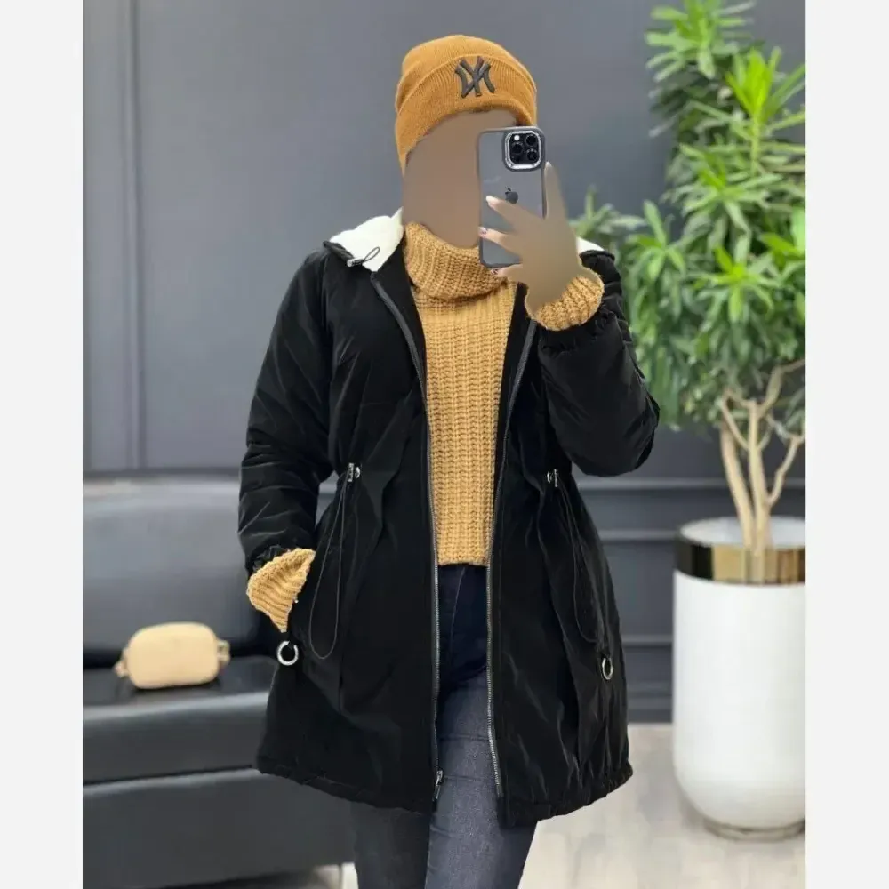 کاپشن لیوسا سیلیکونی داخل ببعی کلاهدار رنگ مشکی سایز فری 38 تا 46