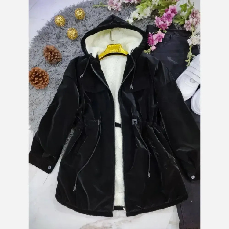 کاپشن زنانه سیلیکونی توخز کلاهدار رنگ مشکی سایز فری 36 تا 46