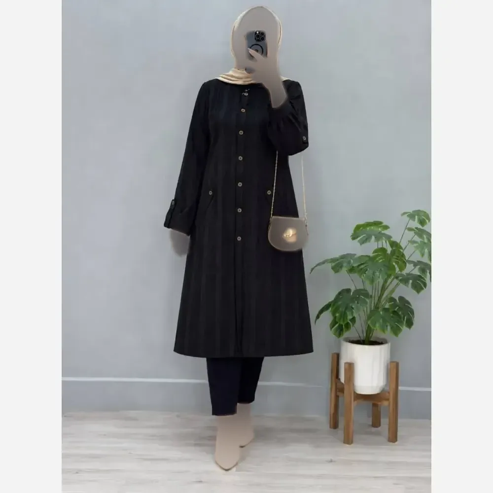 مانتو بلند پاییزه کوک دوزی شانتون مشکی سایز 38 تا 44