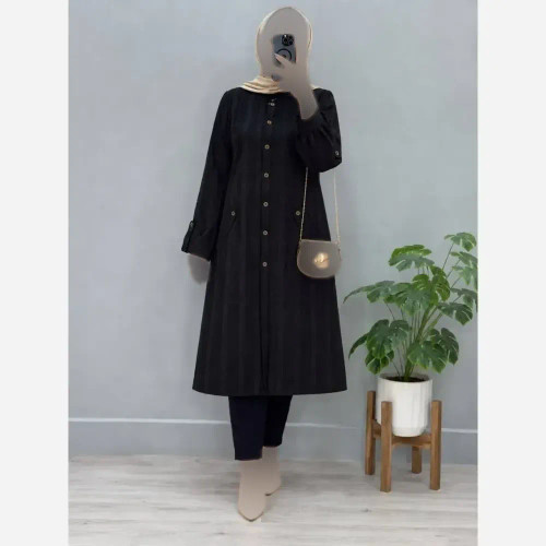 مانتو بلند پاییزه کوک دوزی شانتون مشکی سایز 38 تا 44