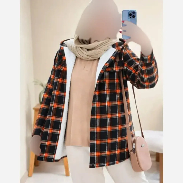کاپشن چهارخونه پشمی داخل ببعی کلاهدار مدل گلاویژ زنانه و مردانه