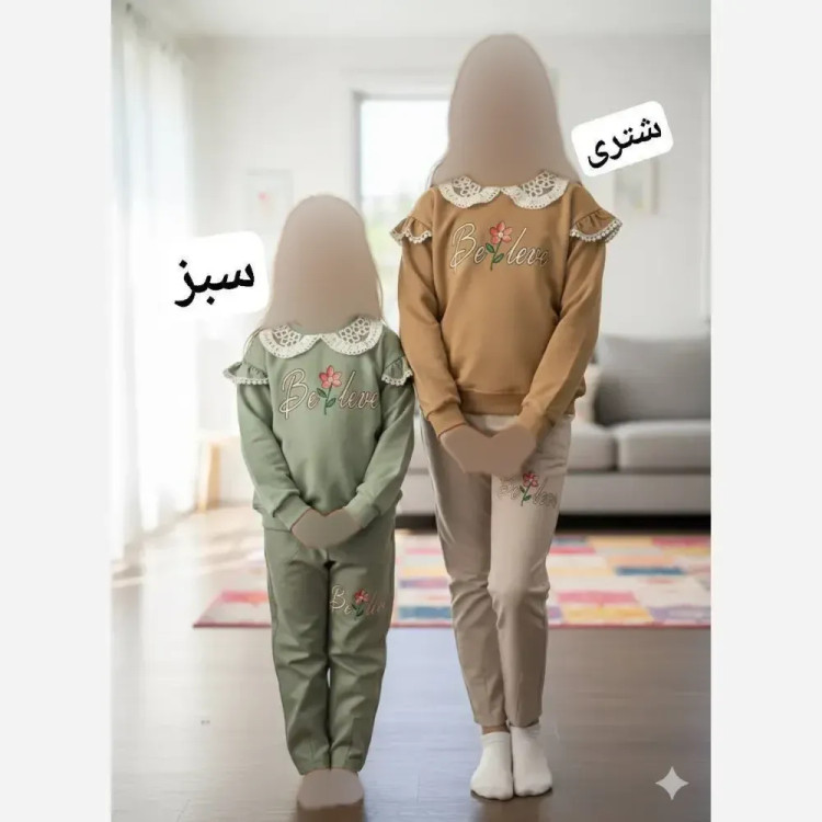 ست بلوز و شلوار دخترانه تک گل آستین چیندار دورس پنبه و کتان مناسب 2 تا 9 سال