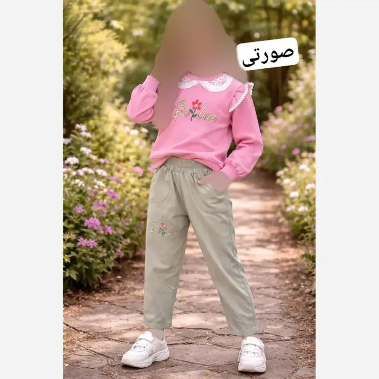 ست بلوز و شلوار دخترانه تک گل آستین چیندار دورس پنبه و کتان مناسب 2 تا 9 سال