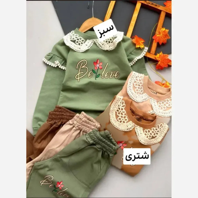 ست بلوز و شلوار دخترانه تک گل آستین چیندار دورس پنبه و کتان مناسب 2 تا 9 سال