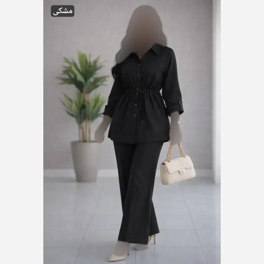 ست شومیز و شلوار کمرگت زنانه سوپر شانتون درجه یک رنگ مشکی فری سایز