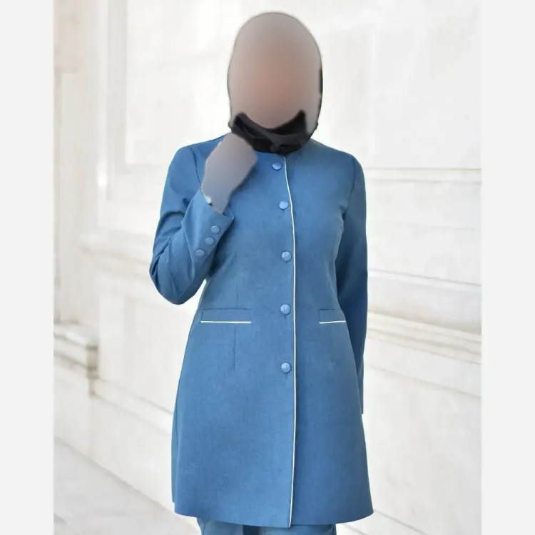 مانتو شلوار اداری فاستونی سولماز رنگ آبی نفتی و نوک مدادی