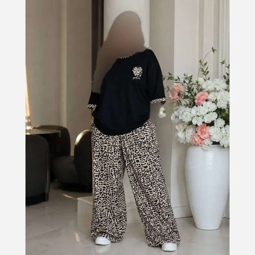 ست تیشرت شلوار پلنگی گلکسی پنبه درجه یک زنانه فری سایز