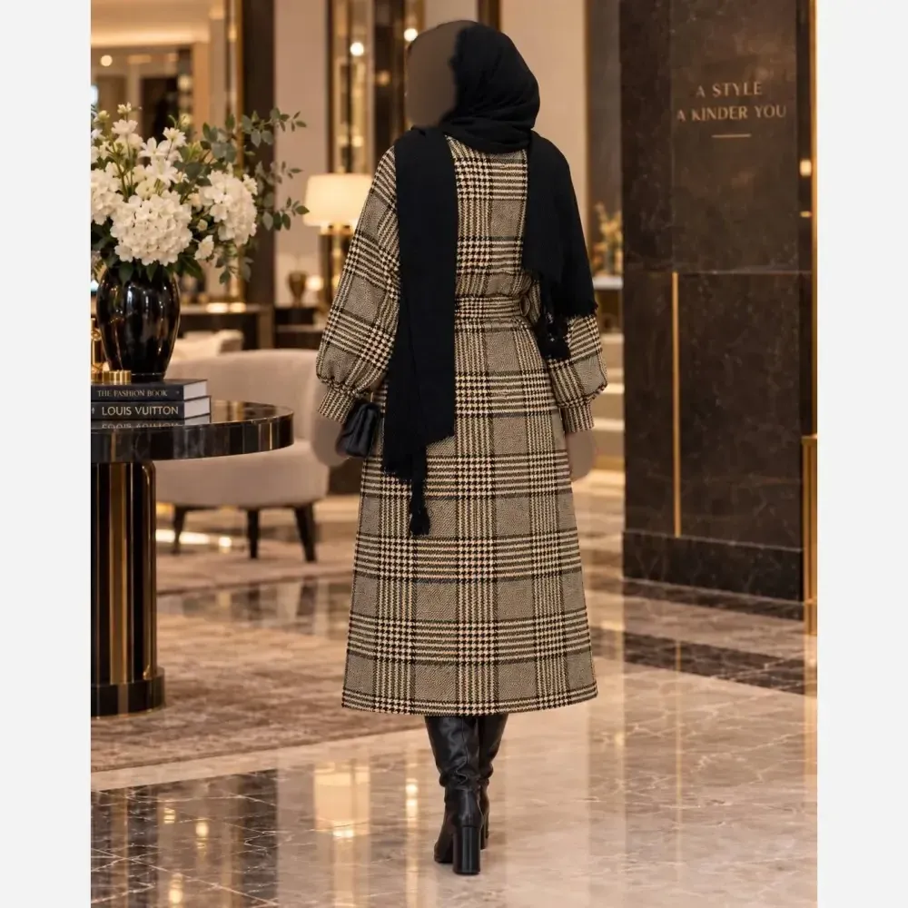 پیراهن پاییزه پیچازی کمربنددار نسکافه ای کرمی فری سایز