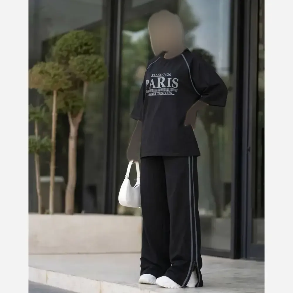 ست لباس زنانه مدل پاریس جنس شانتون کبریتی رنگ مشکی مناسب تابستان