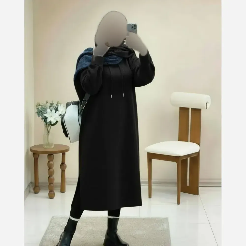 هودی زنانه دورس تو کرکی ضخیم مشکی کلاهدار مدل لندو فری سایز