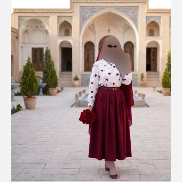 ست سه تیکه شومیز بوگاتی و دامن پوپلین کتان با کمربند سفید فری سایز