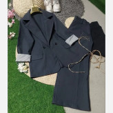 کت و شلوار زنانه کتان کشی اداری دانشجویی طوسی تیره فری سایز