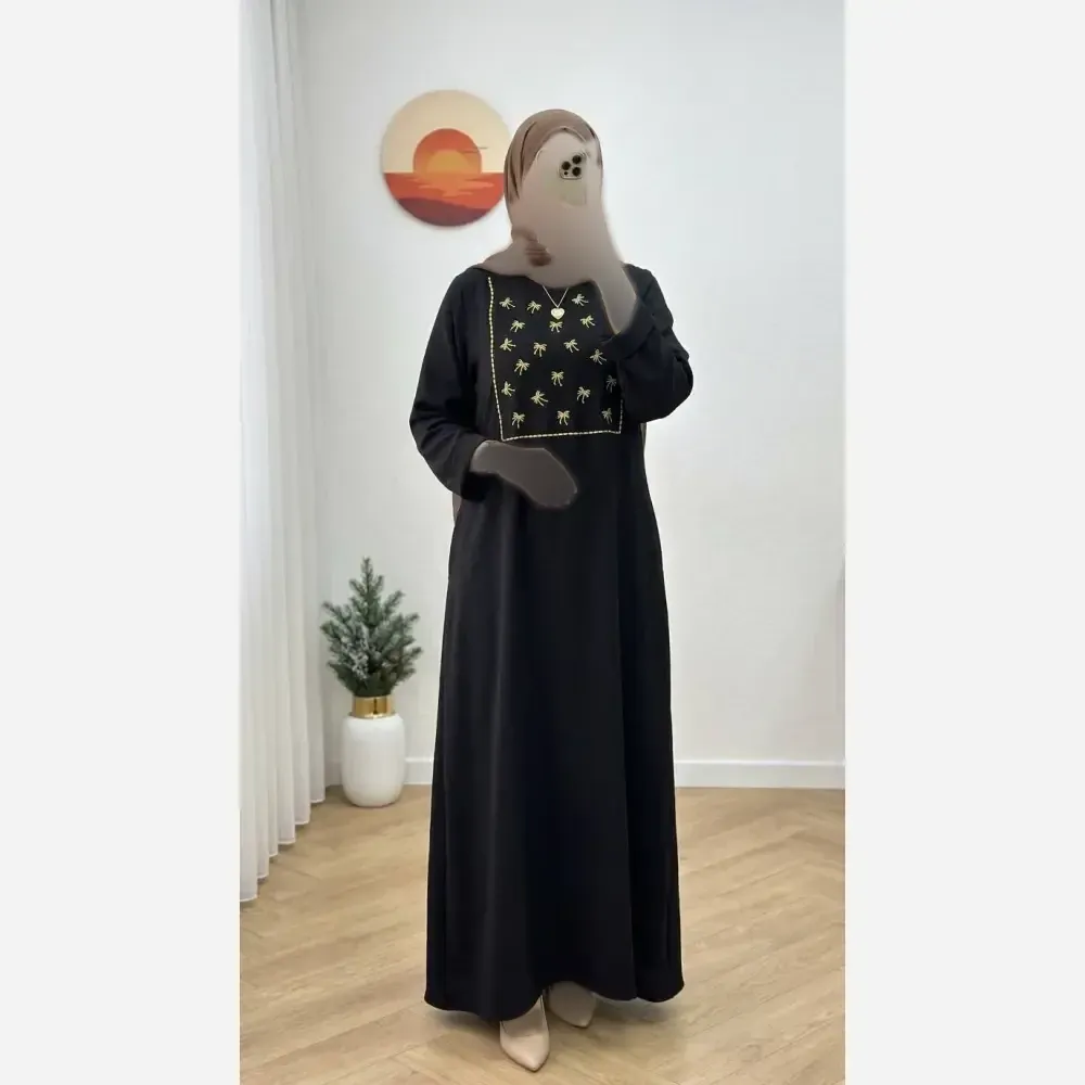 کفتان پاپیونی گلدوزی شانتون مشکی فری سایز جیب دار قد 135