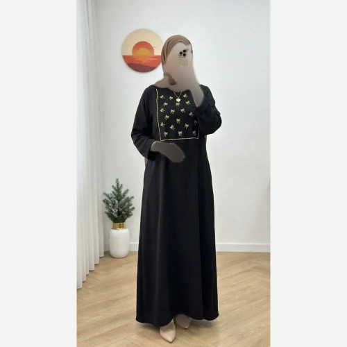 کفتان پاپیونی گلدوزی شانتون مشکی فری سایز جیب دار قد 135
