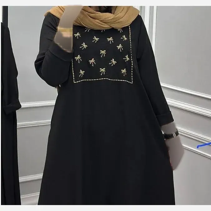 کفتان پاپیونی گلدوزی شانتون مشکی فری سایز جیب دار قد 135