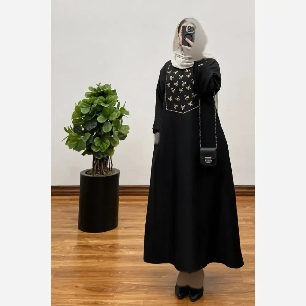 کفتان پاپیونی گلدوزی شانتون مشکی فری سایز جیب دار قد 135