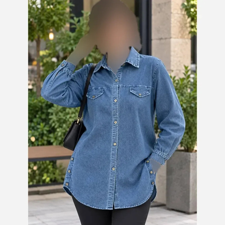 شومیز نیل بغل دکمه طرح جین آبی فری سایز