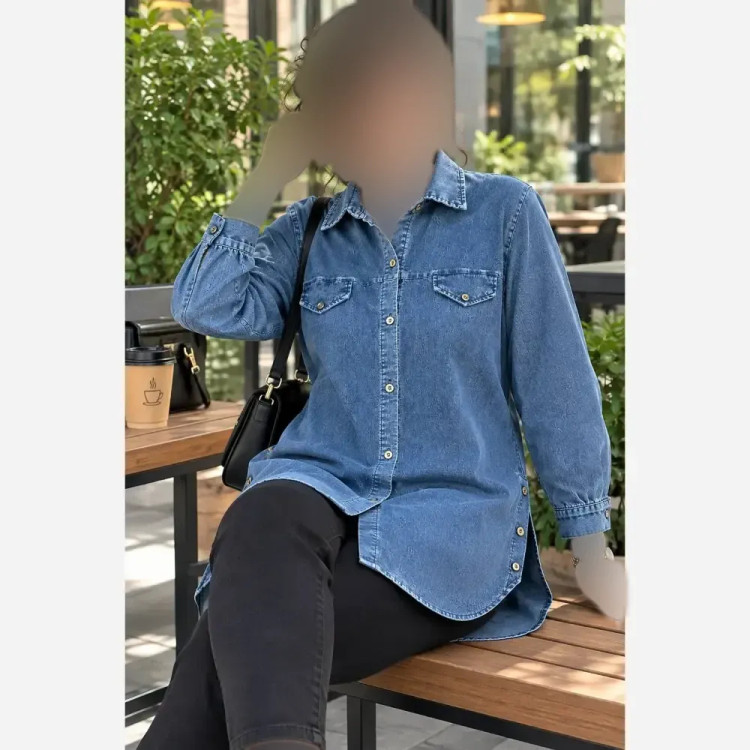 شومیز نیل بغل دکمه طرح جین آبی فری سایز