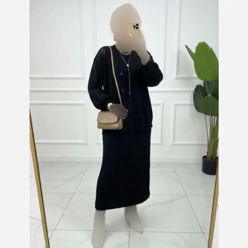 ست دو تکه کت و سارافون بافت مشکی فری سایز تا 46