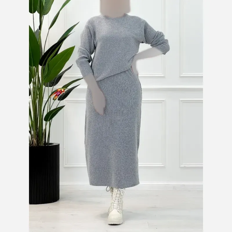 ست بافت مگنولیا زنانه فری سایز رنگ طوسی و کرم