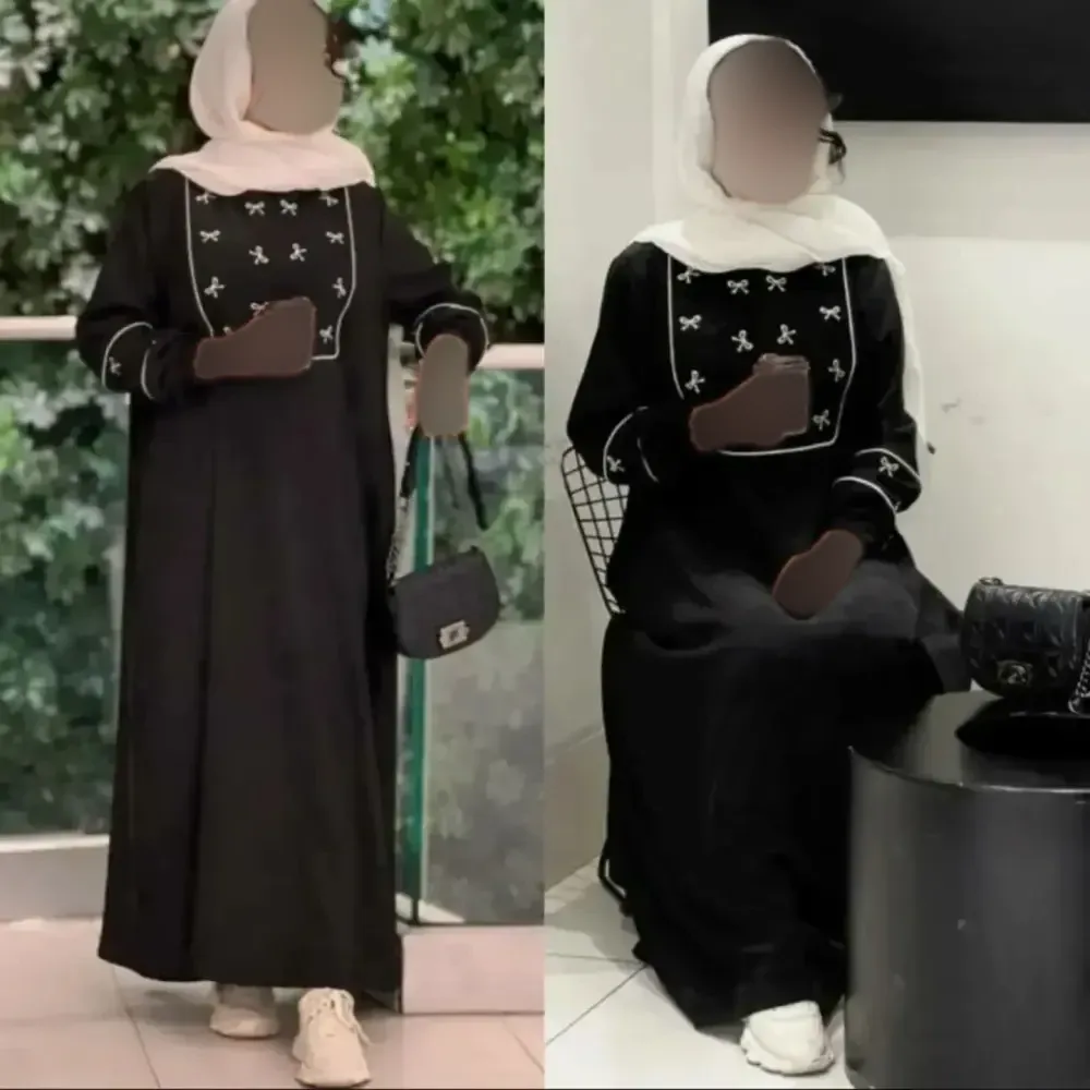 عبا زنانه مدل پاپیون جنس کرپ کادنزا رنگ مشکی فری سایز گلدوزی شده