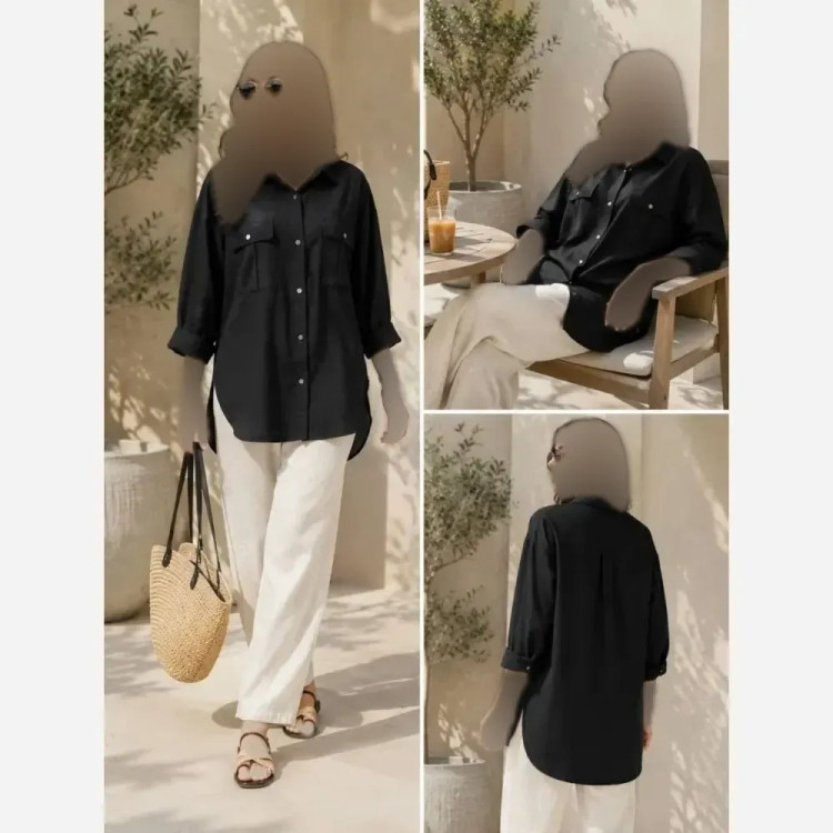 مانتو پاییزه سیمین نخ کتان کجراه اسپرت جلو دکمه سایز فری تا 50 رنگ مشکی و سبز