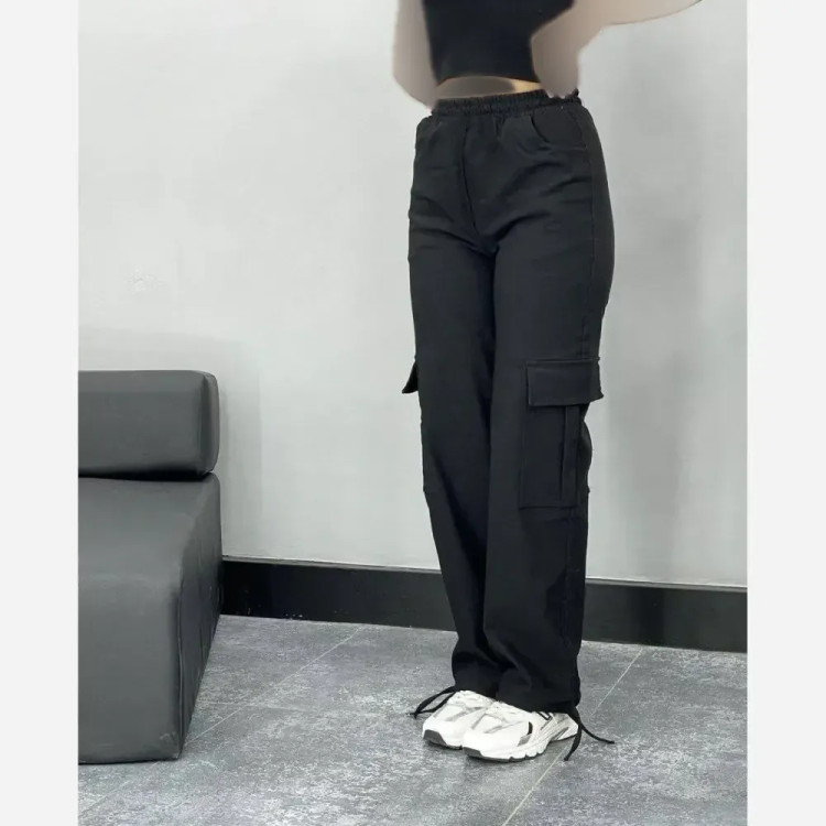 شلوار کارگو کتان کش مشکی دمپا گتدار سایز L تا 3XL