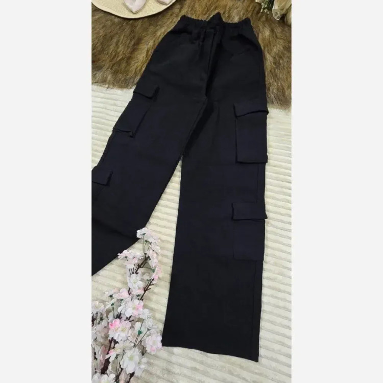 شلوار کارگو کتان کش مشکی دمپا گتدار سایز L تا 3XL