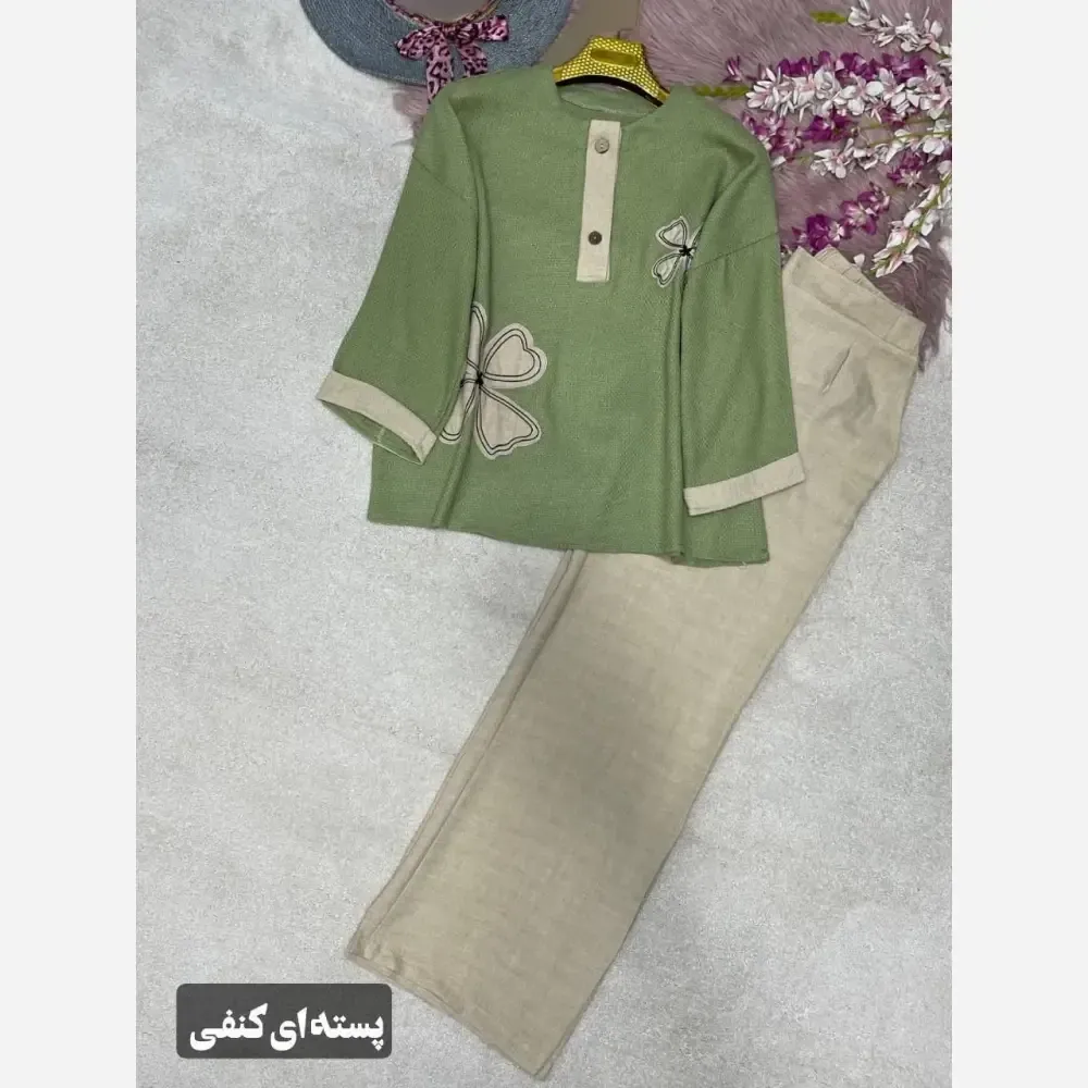 ست شومیز کنفی و شلوار شانتون مدل هیلدا سایز فری 38 تا 46