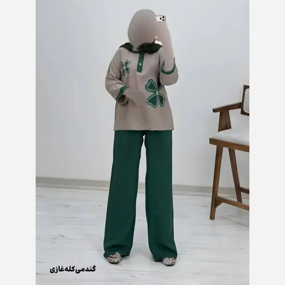 ست شومیز کنفی و شلوار شانتون مدل هیلدا سایز فری 38 تا 46