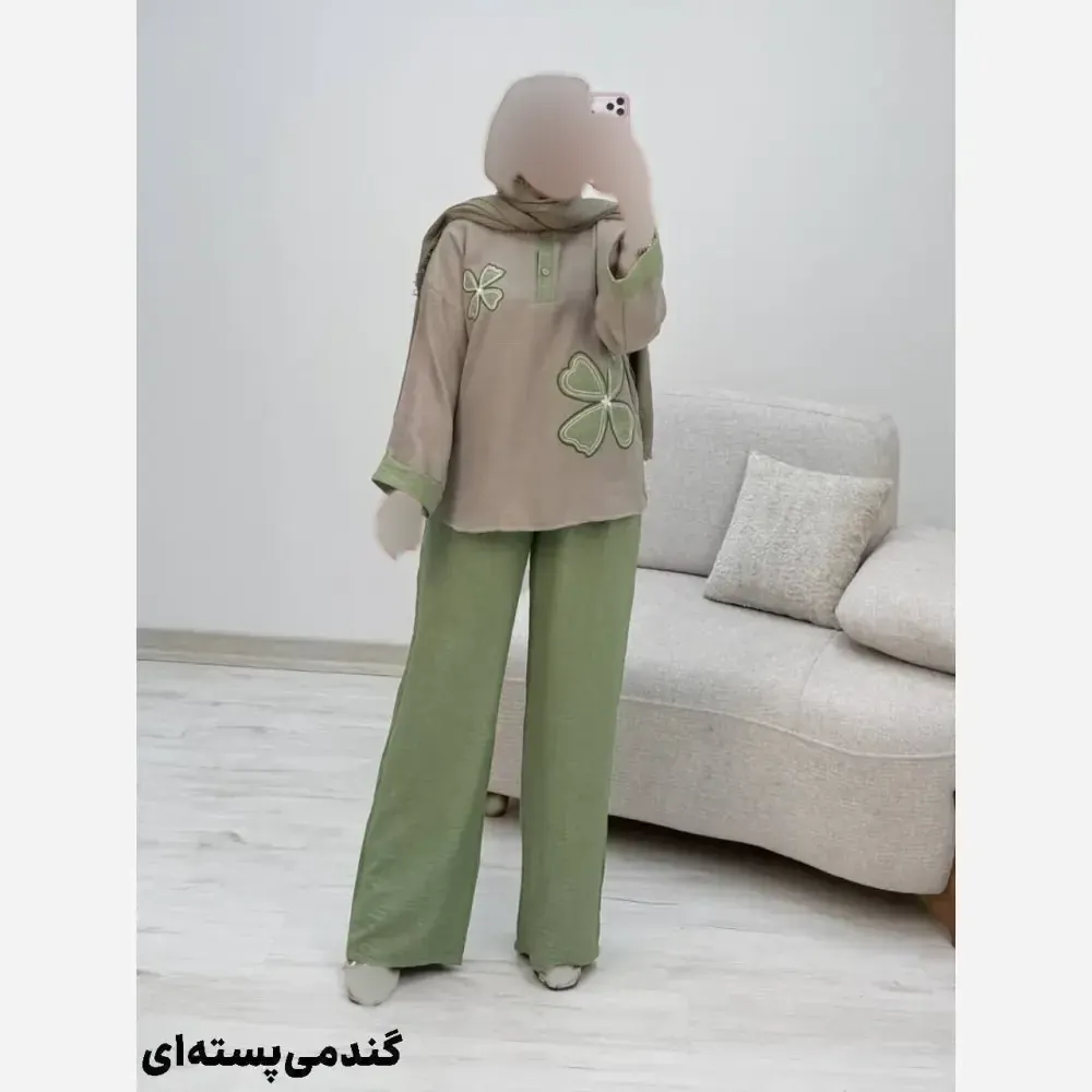 ست شومیز کنفی و شلوار شانتون مدل هیلدا سایز فری 38 تا 46