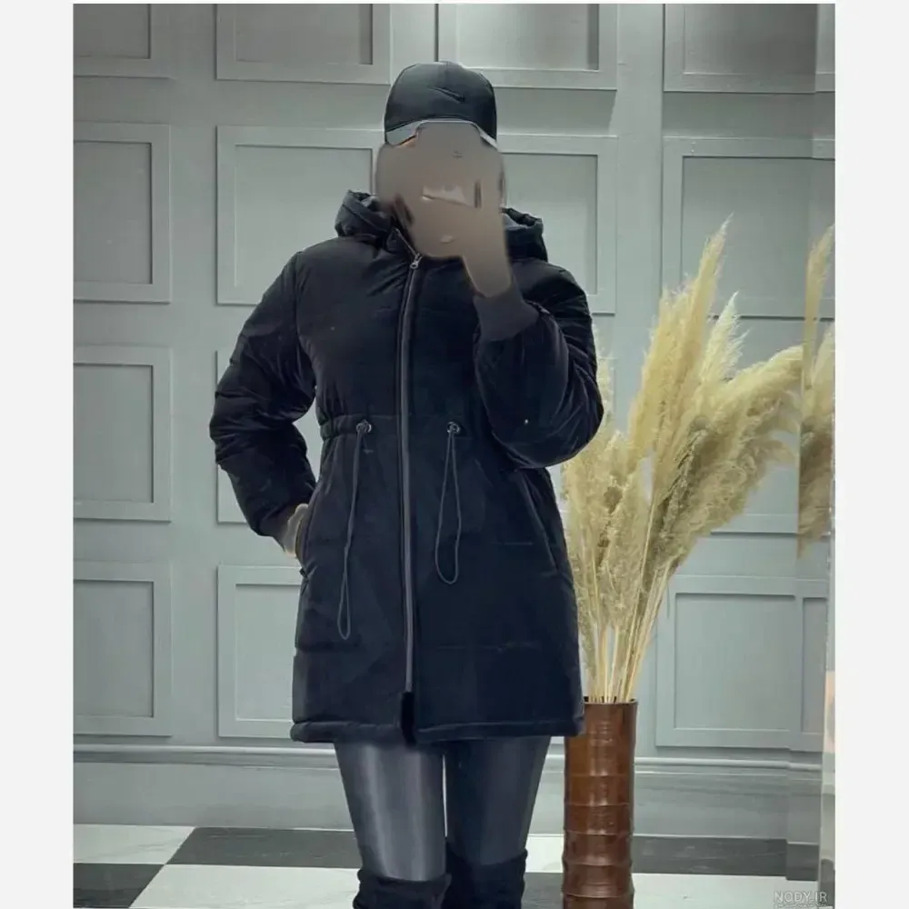 کاپشن زنانه سیلیکونی مشکی کلاهدار داخل خز سایز فری