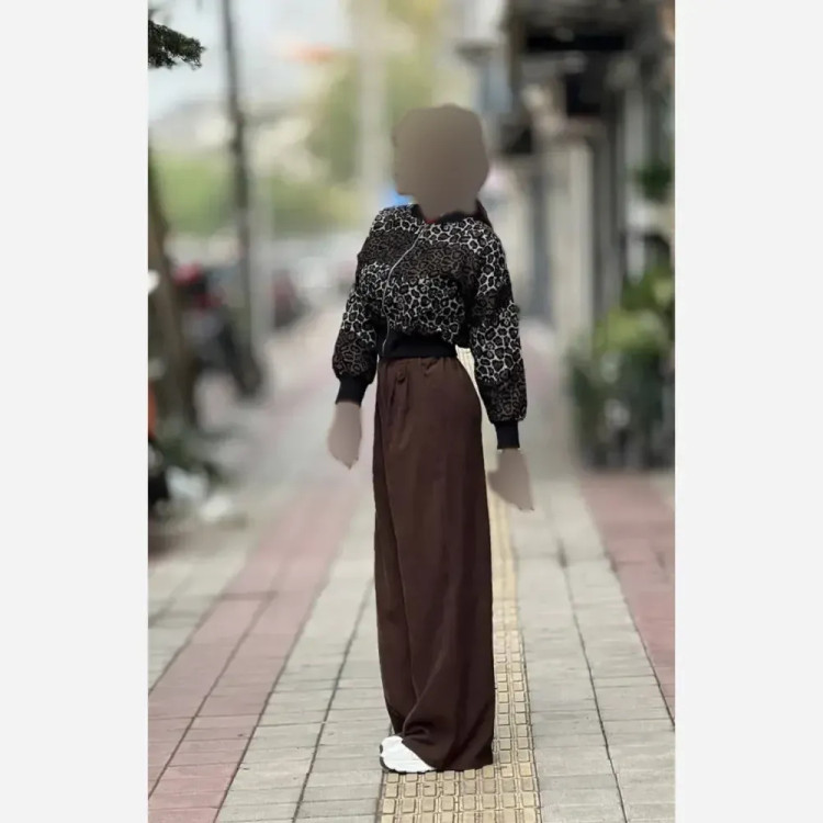 بامبر پلنگی گلیمی فری سایز زنانه قد 50 سانت دور سینه 110 سانت سایزبندی 38 تا 48