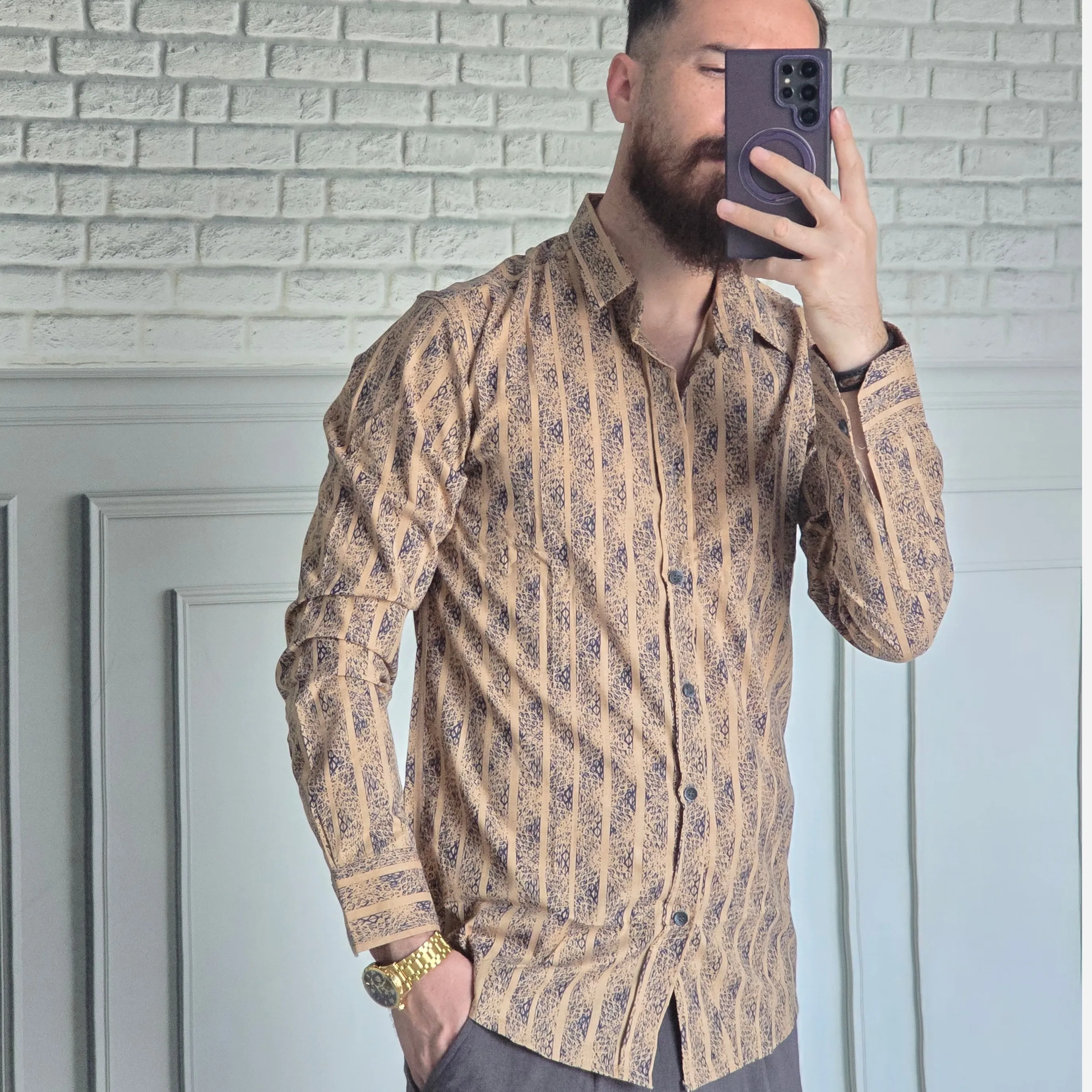 پیراهن آستین بلند مردانه نخی سایز M تا XXL رنگی