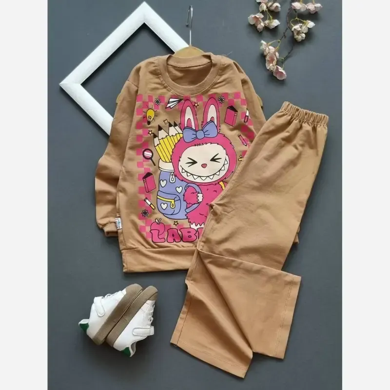 ست هودی شلوار بچگانه لبوبو طرح مدادی پنبه دورس لاکرا دار سایز 40 تا 55
