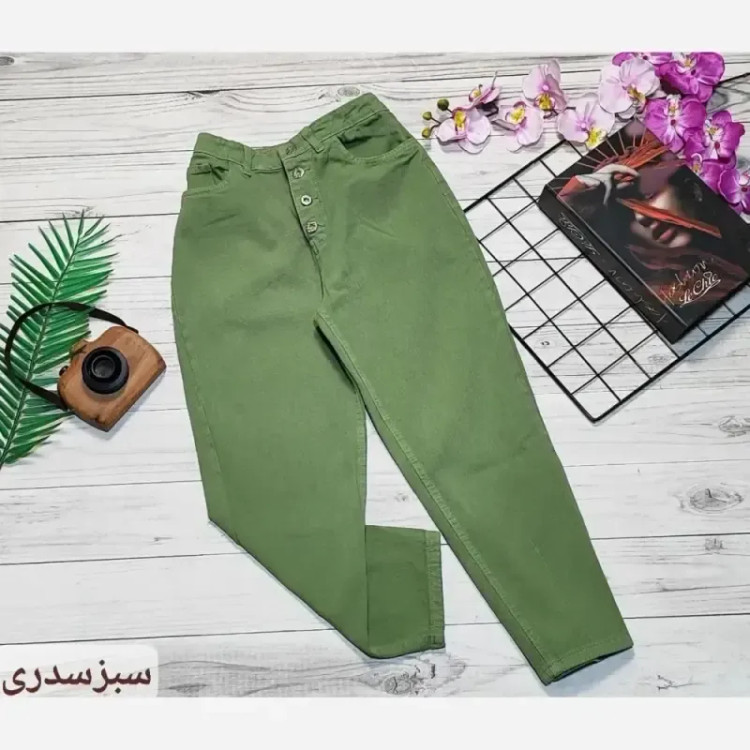 شلوار جین مام فیت زنانه پشت کمر کش رنگی سایز 36 تا 46