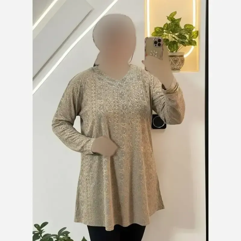 تونیک نگین دار ژاکارد ویسکوز مدل ژالین فری سایز