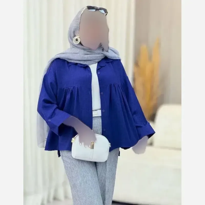 شومیز عروسکی مانتویی مدل دلا جنس پارچه شانتون فری سایز