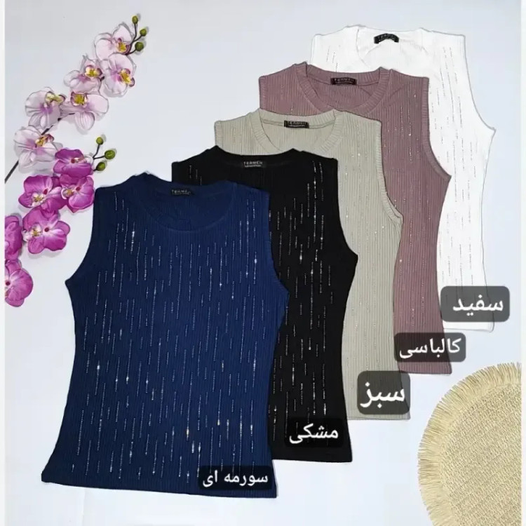 تاپ کراپ کبریتی نگین دار یقه گرد تک سایز